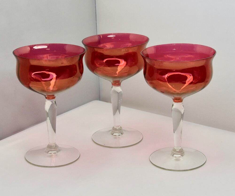 Tiffin 1950s Red Luster Cranberry Optic Wine Glasses West Virginia Glass X-3